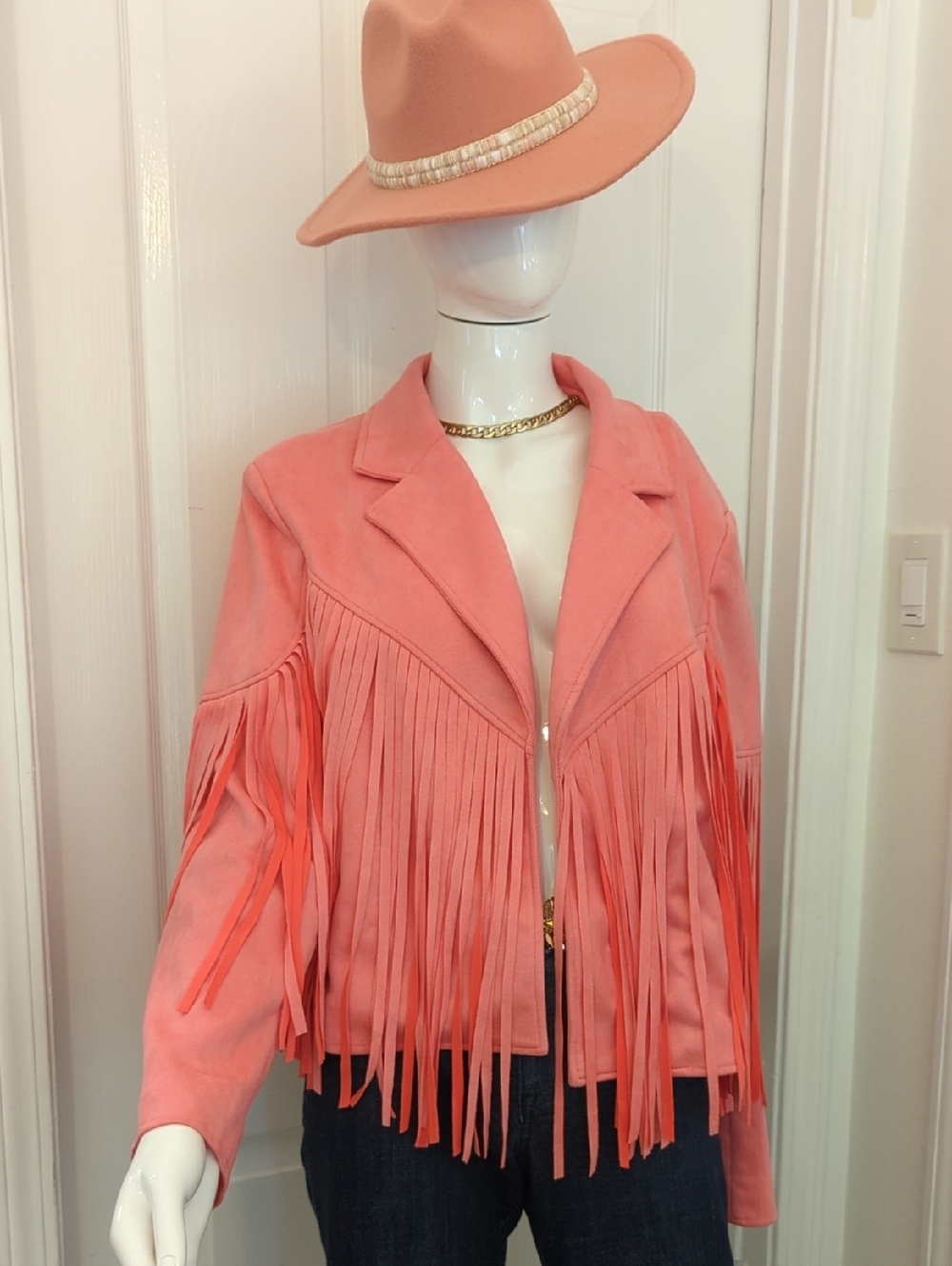 Sweet Dreams Coral Pink Fringe Leather Jacket XL